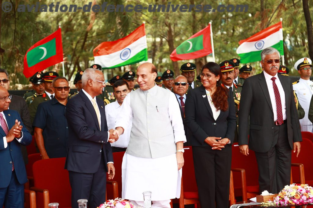 The Union Minister for Defence, Shri Rajnath Singh handing over a Fast Patrol Vessel and a Landing Craft Assault ship to Maldivian President Mr Ibrahim Mohamed Solih