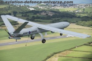 Image of a Watchkeeper WK450 in flight over the UK during a test flight.