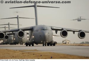 Twenty C-17 Globemaster III aircraft, while at Charleston Air Force Base, S.C., taxi prior to take-off.