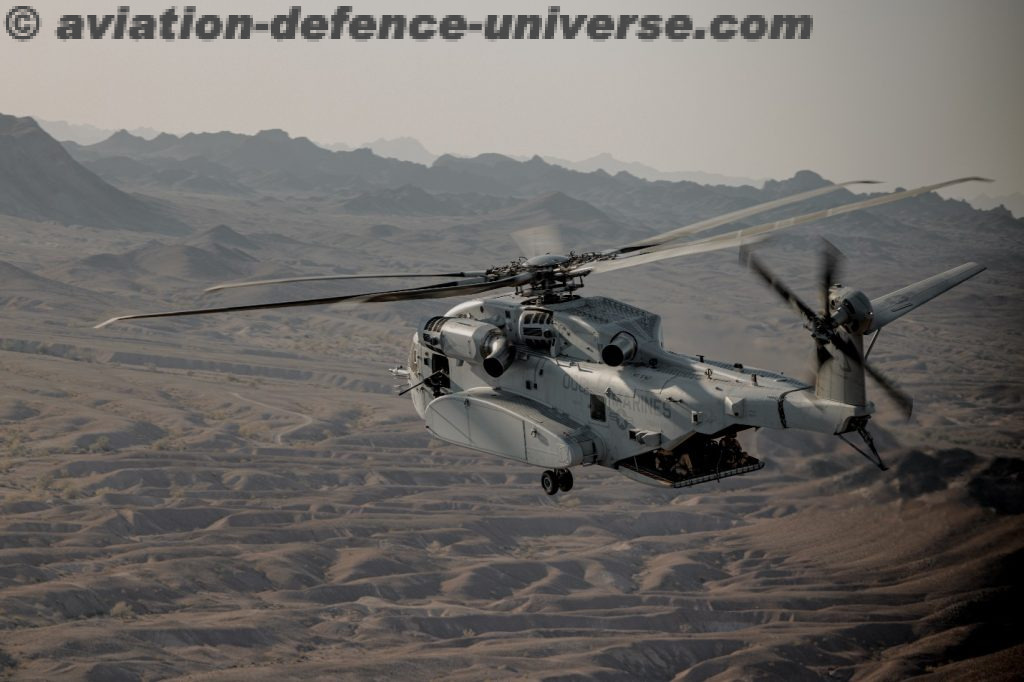A U.S. Marine Corps CH-53K King Stallion with Marine Heavy Helicopter Squadron (HMH) 461, Marine Aircraft Group 29, 2nd Marine Aircraft Wing