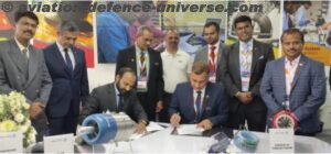 Guru Biswal, CEO Aerospace at Bharat Forge Ltd and Dipesh Gupta MD VEDA Aeronautics sign MoU for Made in India Unmanned Systems at at Aero India 2025