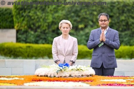 India , European Commission President Ursula von der Leyen paid homage at the Raj Ghat memorial by laying a wreath at Mahatma Gandhi’s memorial